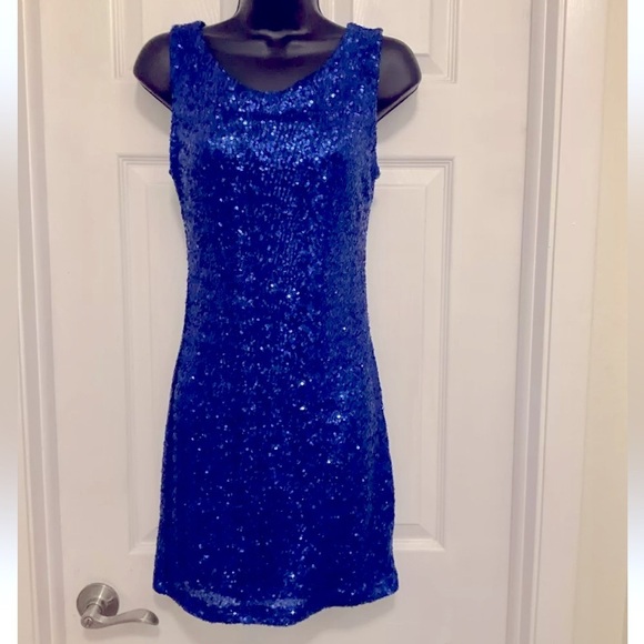 Crystal Doll Sequin Navy Blue Size S Sleeveless Scoop Zipper Back Mini Night Out - Picture 1 of 10